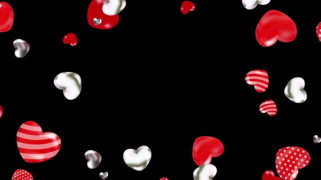 4K Red and silver metallic hearts spread animation. Hearts Transition on Alpha background