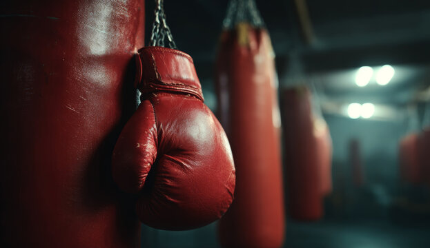 Red leather boxing gloves hanging on a punching bag in a gym training area