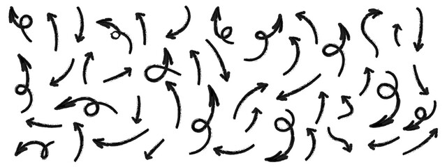 Arrows hand drawn doodle icons set. Curved cartoon arrows sketches collection. Flat and thin pointers illustrations. Scribble swirl arrow signs.