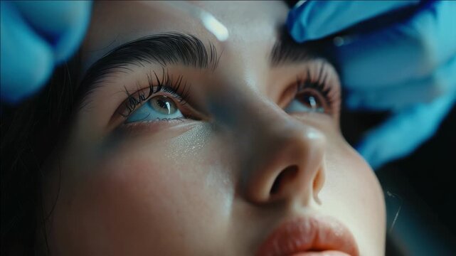 A woman with long eyelashes and a blue glove on her left hand. She is looking at something
