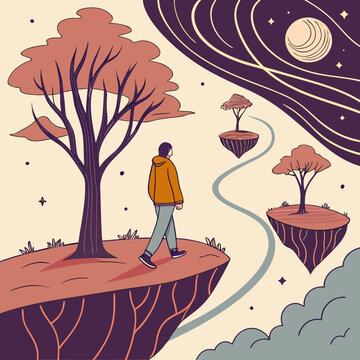 Abstract journey through unknown worlds, a symbolic representation of exploration and discovery in abstract dimensions.