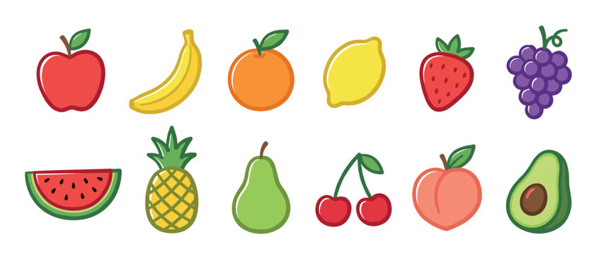 Collection of twelve colorful fruit icons featuring apple, banana, orange, lemon, strawberry, grapes, watermelon, pineapple, pear, cherry, peach, and avocado in a cute cartoon style