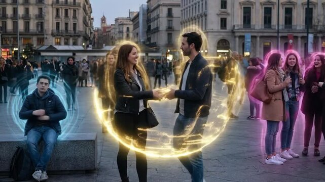 Young couple engaged in conversation surrounded by glowing orbs, while a solitary man sits nearby, in a bustling urban square with people and buildings in the background