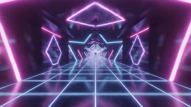 Retro Neon Tunnel with Stars and Grid Floor, Futuristic Abstract Background