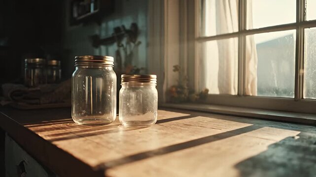 Two glass jars on a wooden table near a window with sunlight casting shadows in a serene kitchen environment viewed from the side