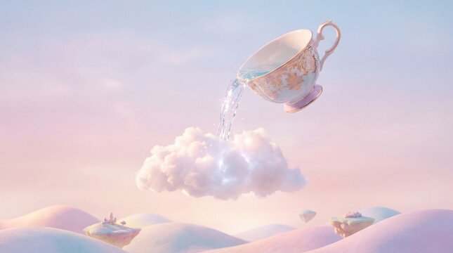 Pastel 3D render of floating porcelain teacup pouring sparkling liquid into fluffy cloud over pink sand dunes, dreamy bokeh light