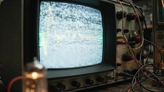 Vintage oscilloscopes displaying fluctuating waveforms in a dimly lit workshop, with glowing vacuum tubes and tangled wires creating a nostalgic atmosphere