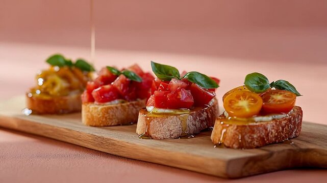 Assorted bruschetta with olive oil drizzle on wooden board in natural light