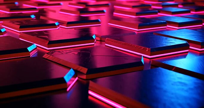Pulsating Grid of Neon-Lit Geometric Panels Creating a Futuristic Digital Background