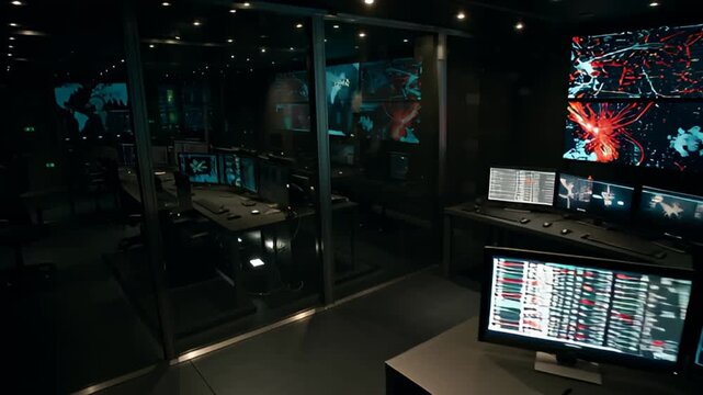 Advanced surveillance room with multiple screens displaying complex data and analytics from various sources in a control center