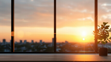 A window with a view of a city and a plant