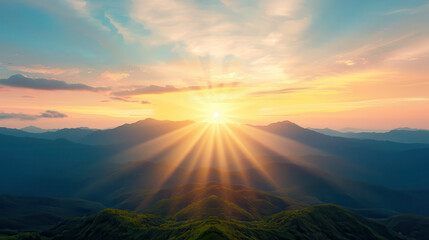 Fototapeta premium The sun is shining brightly on the mountains, creating a warm