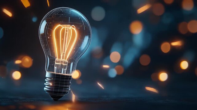 Glowing light bulb with warm filament on dark background with bokeh lights representing innovation and creativity