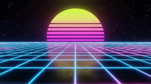 Retro Sunset Grid Landscape with Neon Lights and Stars