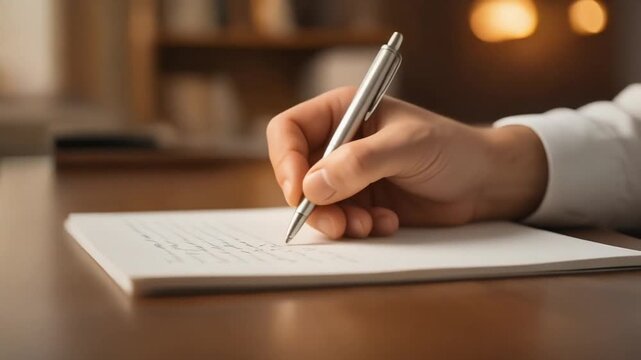 Close up of hand writing with pen on paper in cozy indoor workspace with warm lighting