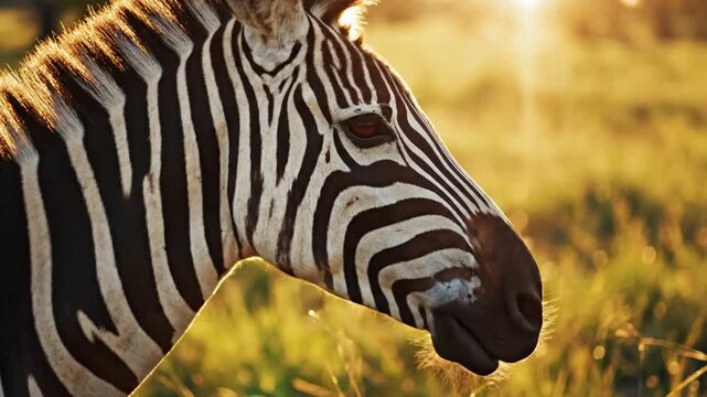 Close-up of a zebra's head at sunset in a grassy field, golden hour light