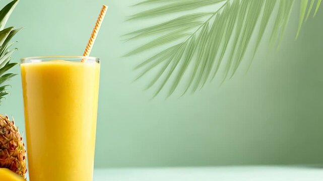 Refreshing tropical pineapple mango smoothie with palm leaf background