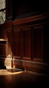 Ornate wooden lectern stands illuminated by a shaft of light in a dark, paneled room