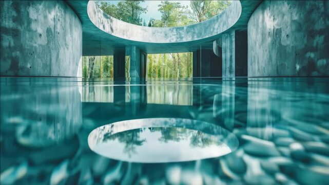 A luxurious indoor pool with a large reflective surface and green foliage in the background