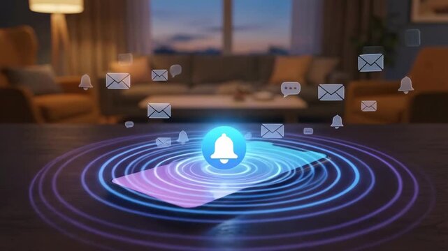 Smartphone displaying notification icons with sound waves emanating from a blue bell symbol, set in a cozy living room with a sofa and window view