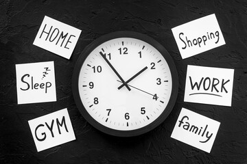 Wall clock and many paper cards with hand drawing of different life activities, top view. Time management concept. Life balance and planning concept.