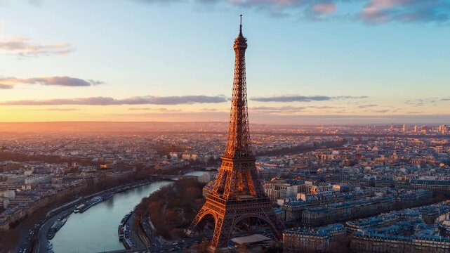 Aerial video captures the Eiffel Tower at sunset, showcasing Paris from a high angle.