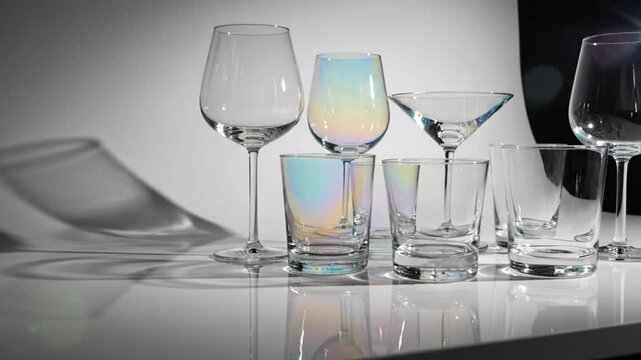 Elegant stemware and drinking glasses set with a striking holographic effect against a reflective surface for events