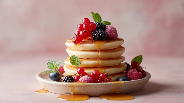 Fluffy pancakes with fresh berries and maple syrup on ceramic plate against pink background