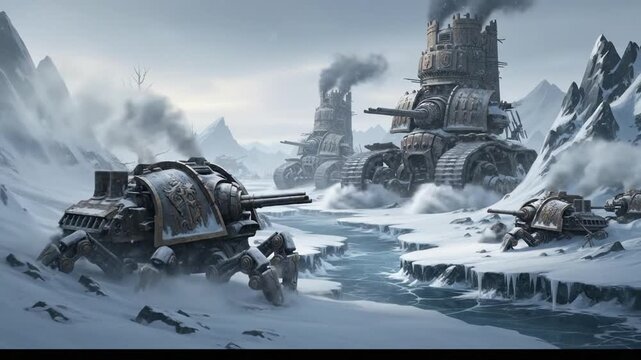 Steampunk mechs advance across icy battlefield