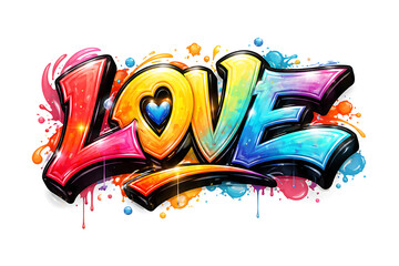 Vibrant colorful graffiti art of the word love with heart and paint splatters isolated on white background