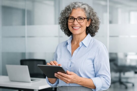 Confident mature businesswoman with curly gray hair smiling while using a tablet in modern glass office environment, workplace technology concept. Ai generative