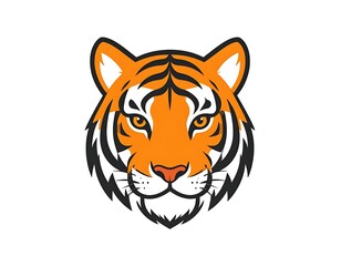 Obraz premium Cartoon-style tiger head with orange, black, and white coloring, set on a pure white background. Bold, clean lines