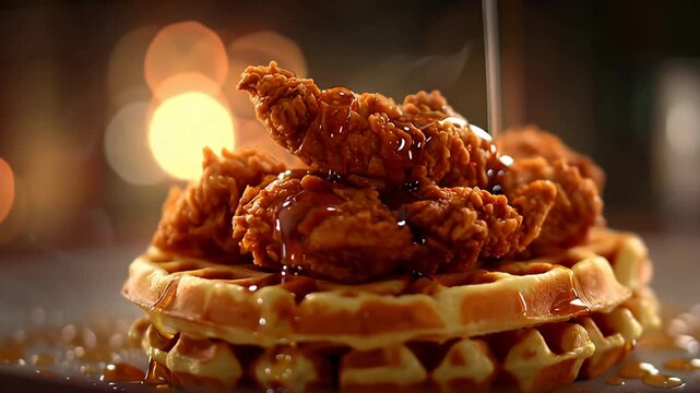 Syrup poured onto fried chicken perched on top of a stack of golden waffles in a warm kitchen scene closeup shot