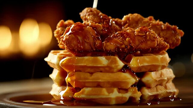A stack of waffles topped with fried chicken and syrup, served on a plate with a dark background and soft lighting