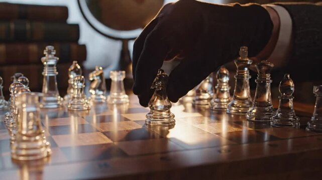 Intimate view of a hand in a glove moving a glass knight chess piece during a game on a wooden board.