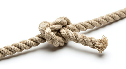 Image features a close-up view of a thick, twisted rope tied into a knot against a plain white background. The rope is made of natural fibers, displaying a beige color with visible texture and individ