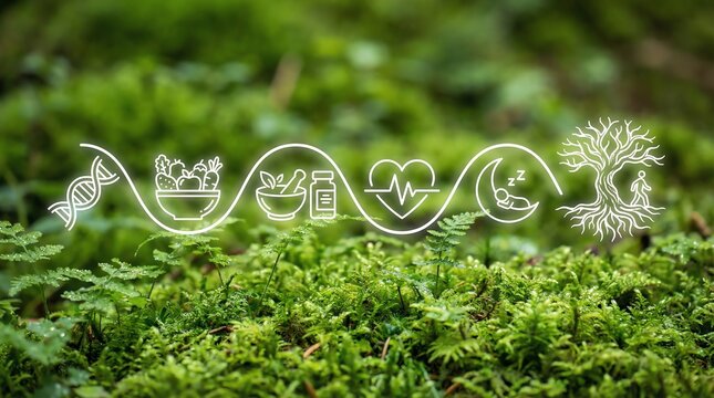 Holistic healthy lifestyle line illustration &ndash; DNA, nutrition, herbal medicine, sleep and nature