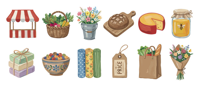 Set of hand-drawn farmers market icons featuring fresh produce, bread, cheese, honey, flowers, and handmade goods in a charming, rustic watercolor style illustration