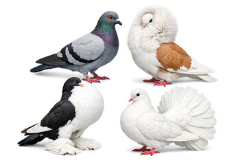 Obraz premium Group of four different pigeon and dove breeds with various plumage colors and patterns isolated on white background