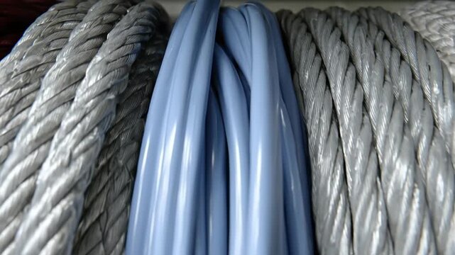 A closeup of coils of rope and cables in shades of white gray and blue