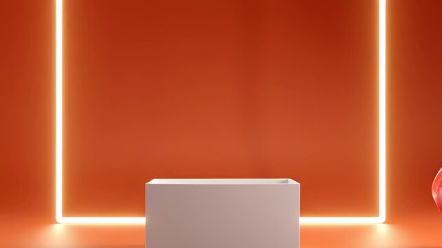 Red apples floating above a white box in an orange setting with glowing neon borders, showcasing a vibrant display of fruit in a modern, minimalist design