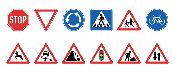 Collection of various road traffic signs including stop, yield, roundabout, pedestrian crossing, and warning symbols for driving safety and transportation regulation