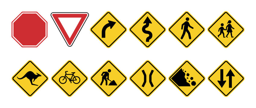 Collection of various road traffic signs including stop, yield, and warning symbols for driver safety and highway regulation, shown as a clean vector graphic illustration set