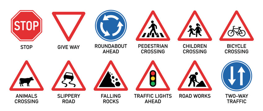Set of twelve common traffic signs for road safety and regulation, featuring stop, give way, pedestrian crossing, slippery road, and road works icons in a clean vector illustration