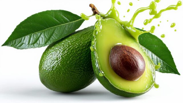 Avocado halves with visible pit and green flesh, surrounded by fresh green leaves, displaying splashes of juice in a bright, clean setting, emphasizing freshness and natural appeal