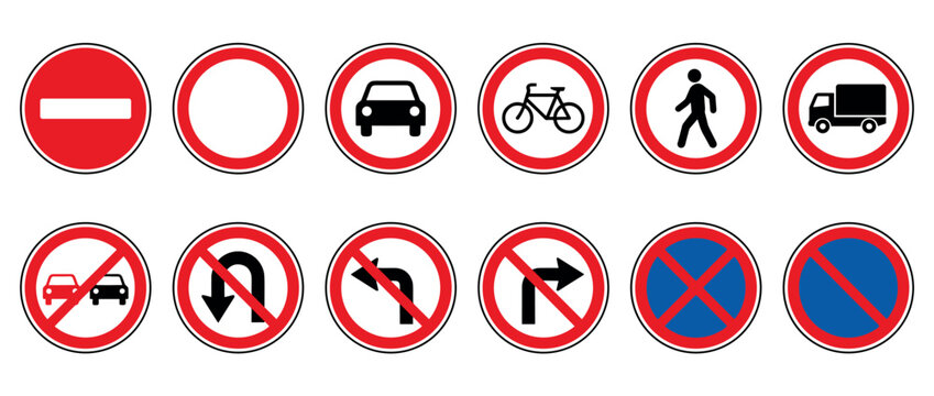 Collection of round prohibitory road signs for traffic regulation, showing symbols for no entry, no parking, no overtaking, and no turns in a clean vector graphic format