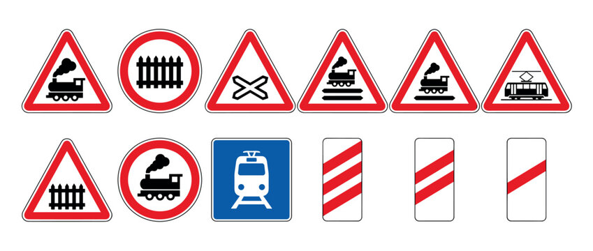 Collection of European railway crossing road signs featuring warning, prohibition, and informational symbols for trains and trams in a clean vector illustration style