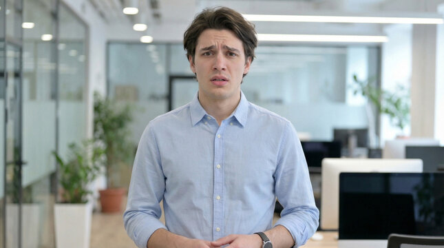 Worried man standing in office looking at camera indoors
