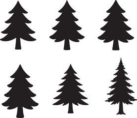Fototapeta premium Set of six black evergreen tree silhouettes on white background