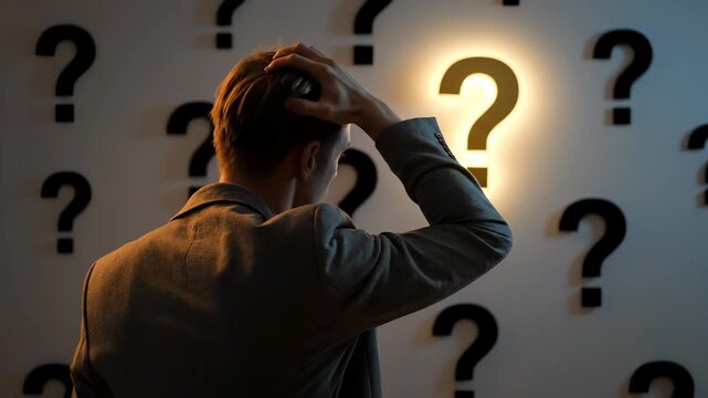 Businessman reaches toward glowing question mark on wall surrounded by questions. Man contemplates choice with question marks. Businessman faces multiple questions. Glowing mark shows decision point.